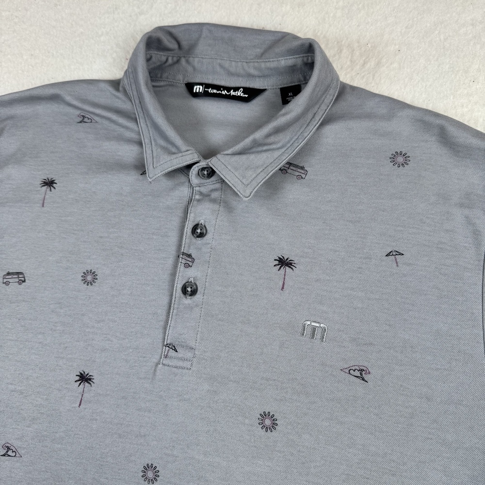 Travis Mathew Polo Shirt Mens Size XL Gray Beach Van Palm Print Golf Stretch